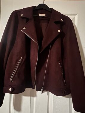 LOFT Dark Burgundy Moto-Style Jacket with Silver Hardware